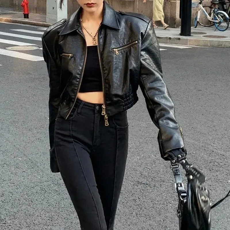 New Vintage Motorcycle Leather Jacket for Women Black Short Temperament Personality PU Leather Coat Girls Slim Fried Streetwear