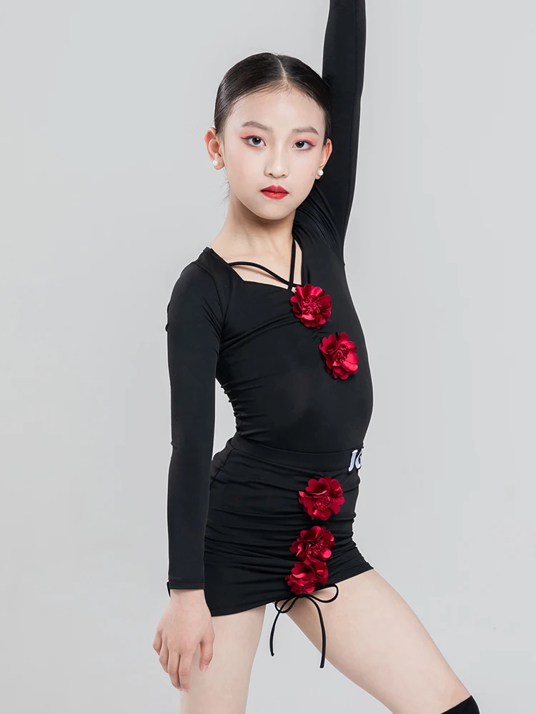 Kids Latin Dance Clothes Black Long Sleeves Practice Suit Flower Tops Skirt Cha Cha Rumba Performance Costume Winter DNV19162