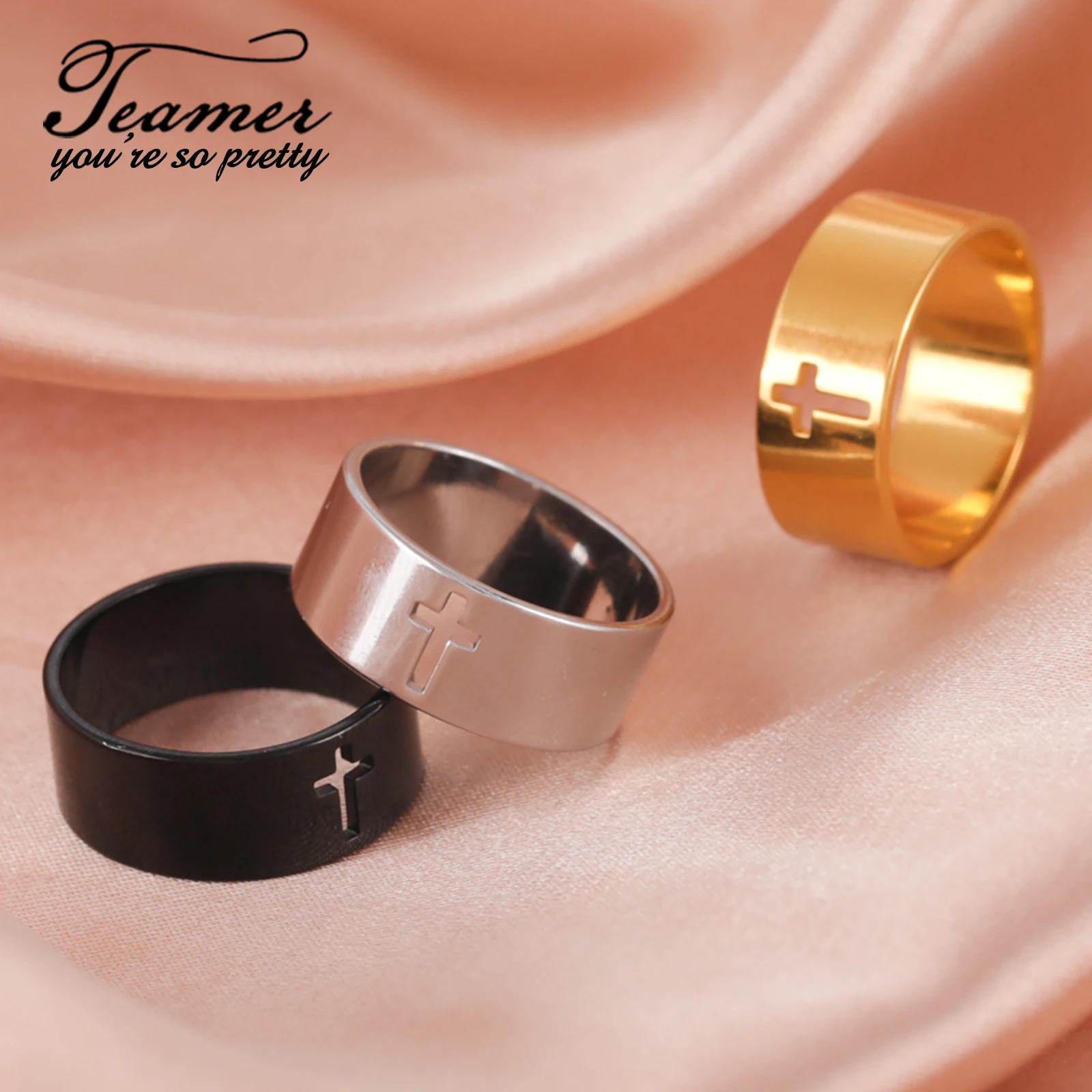 Teamer Cross Jesus Ring Stainless Steel Women Couple Wide Finger Ring Engagement Religious Gothic Amulet Jewelry Birthday Gifts