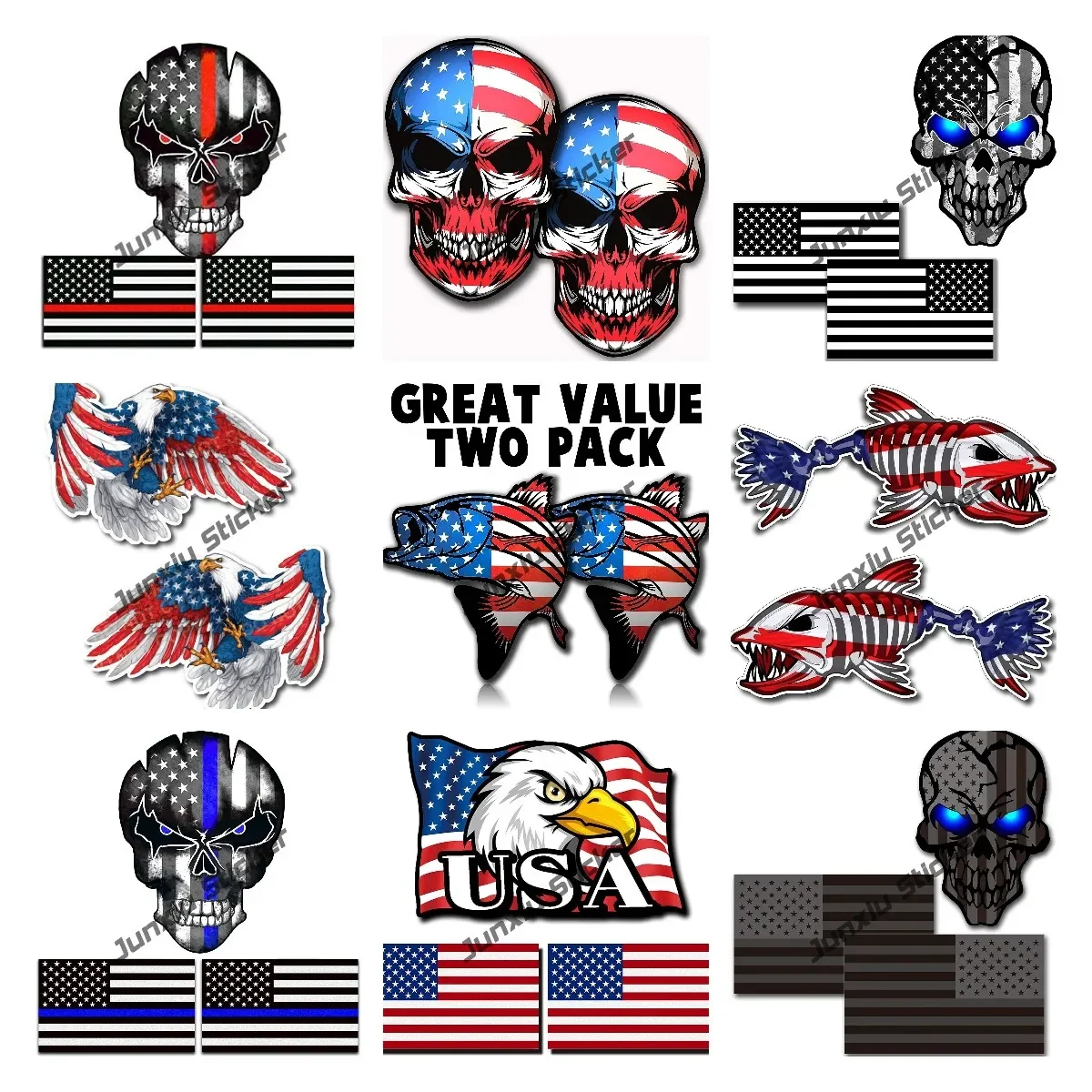 

Reflective American Flag Sticker Skull Decal with Black US Flags Sticker USA Bone Fish Sticker UV Fade Resistant Vinyl Car Flags