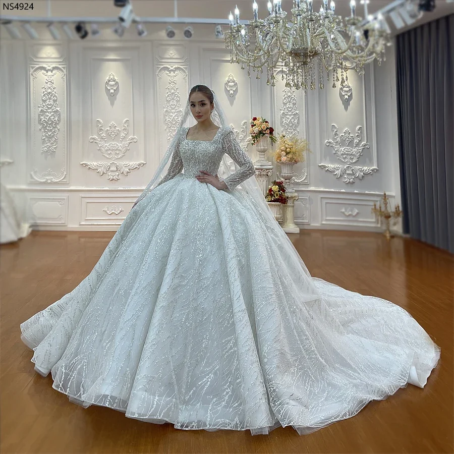 

Customized Luxury Square Neck Beaded Pearl Embroidery Shiny Women Wedding Dress Chapel Forma Bridal Gown Vestido De Novia