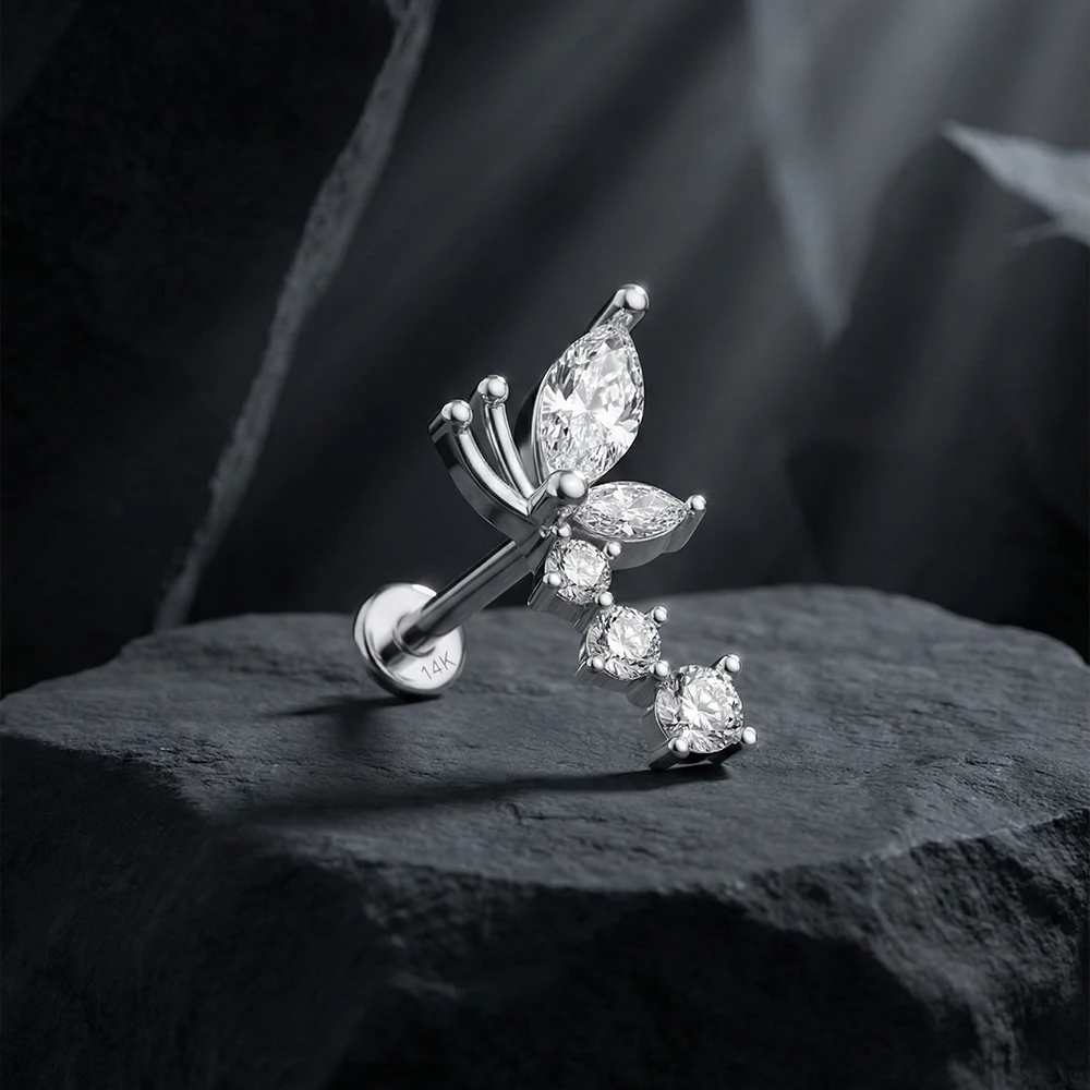 

Серьга-гвоздик Aide14K из настоящего золота, серебристого цвета, 1 шт., с бабочкой, звездой и цирконом, для женщин, украшение для уха