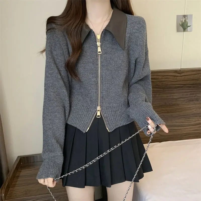 Oversized Women's Clothing with Belly Covering POLO Collar Double Zipper Cardigan Women's Chubby Sister Slimming Short Sweater