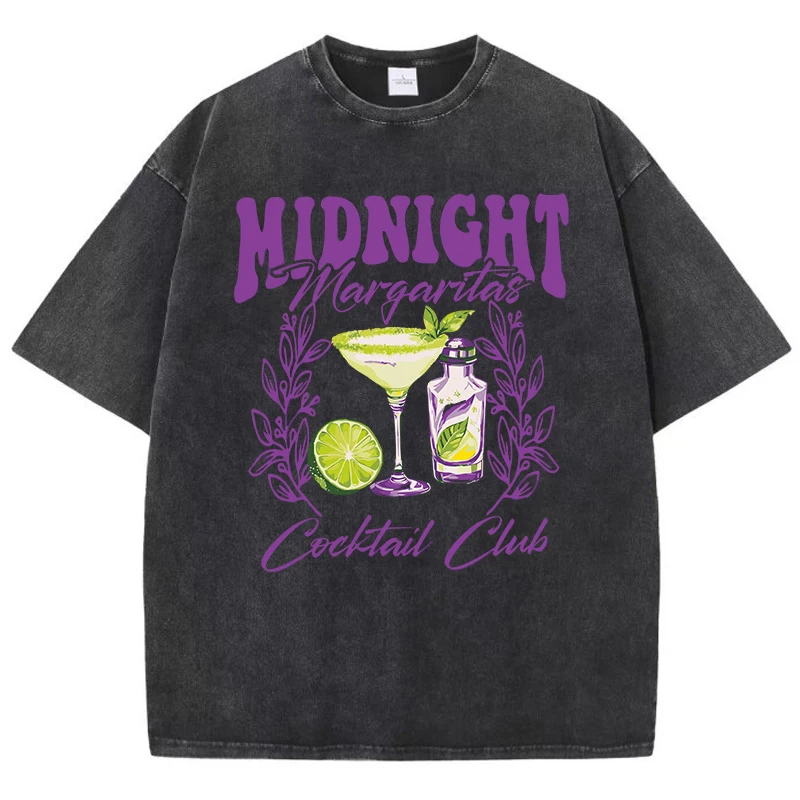 Vintage Woman Acid Wash T-Shirts Midnight Margaret Cocktail Club Prints Tops Crewneck Cotton Oversize Tee Shirts Fashion Clothes