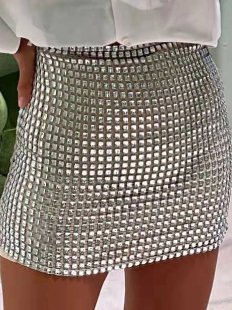 

OMSJ Grid Sequins Glitter Mini Skirts Women High Waist Wrap Hip Sexy All-match Skinny Stylish Nightclub Party Shiny Pencil Skirt