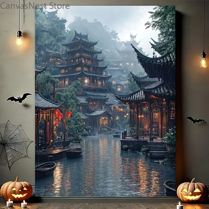 Misty Ancient Chinese Water Town Canvas Wall Art Set Traditional Wooden Pavilion River Red Lantern Landscape Print for Teen B