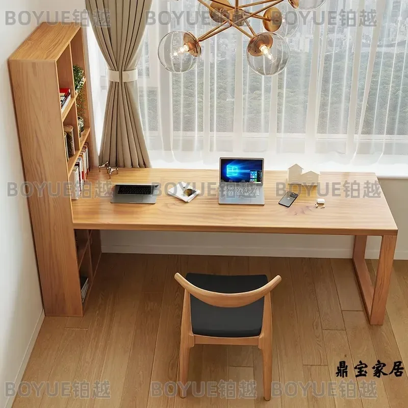 Solid Wood Desk with Bookshelf Long Study Table for Bedroom Wall Mounted Double Office Computer Workbench Reading Station