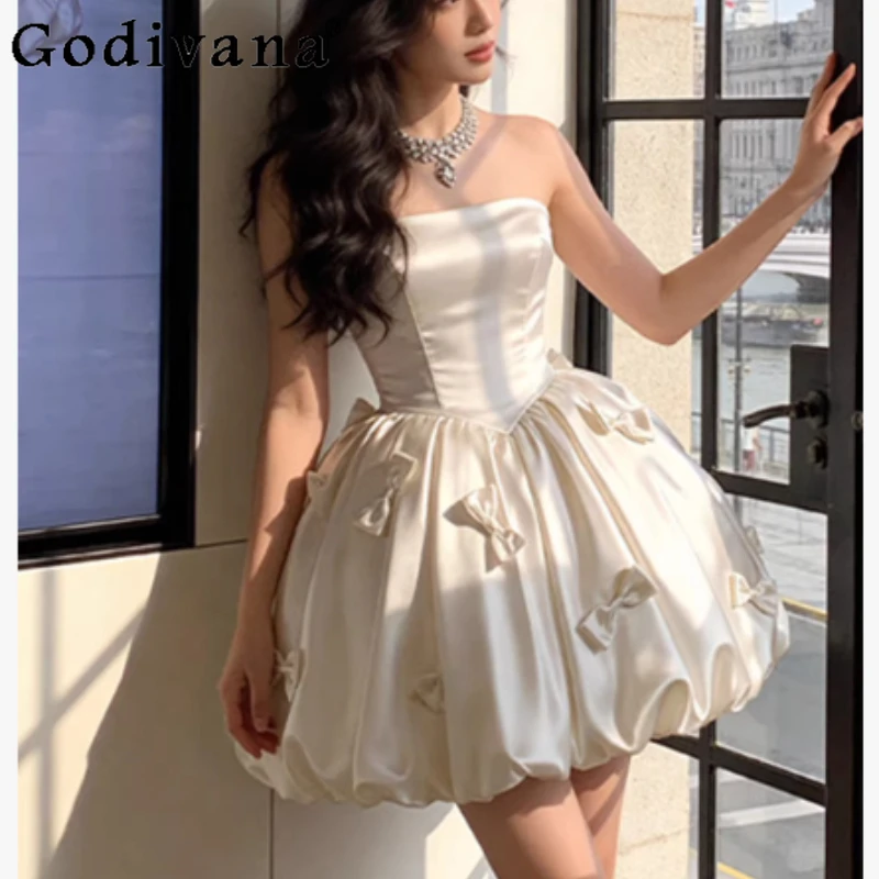 

Spring Summer New Temperament Girl Sweet Bow Strapless Dress Fashion High Waist A-line Birthday Party Elegant Short Dresses