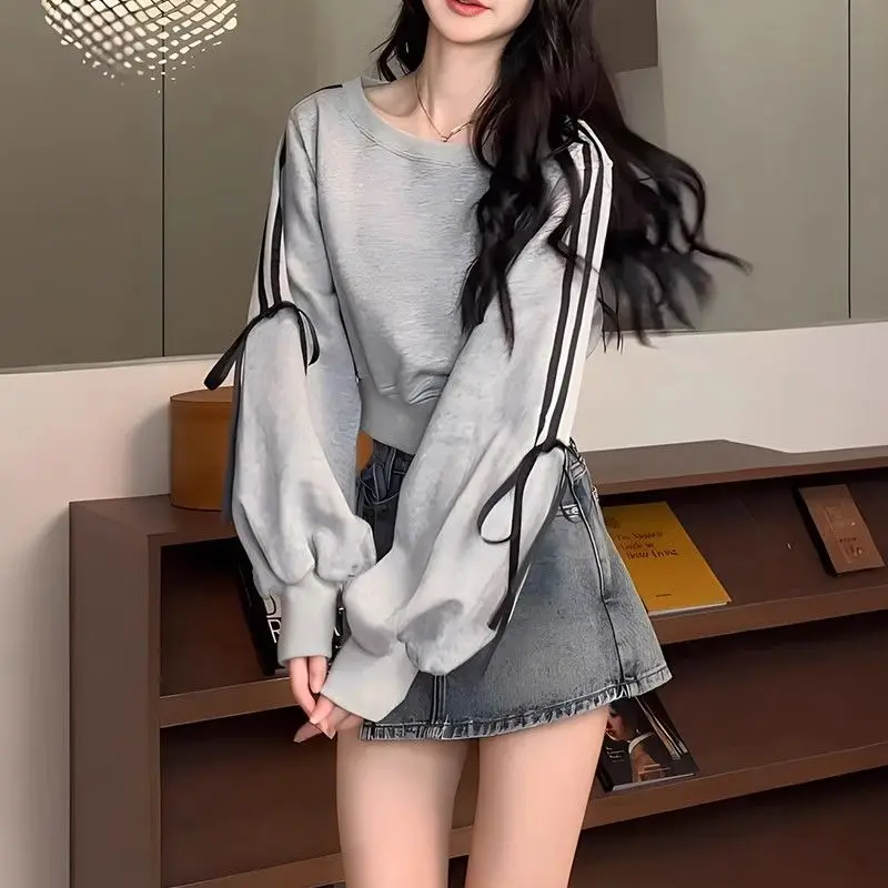 Large Size Bow Casual Retro Long-sleeved Sweatshirt for Women 2025 New Autumn Slim Striped Top