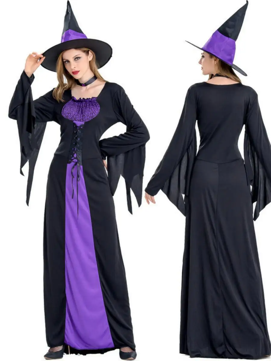 

2025 Halloween Witch Costume Devil Role-playing Performance Clothes Women's Fairy Tale Witch Outfit Stage Costume Polyester
