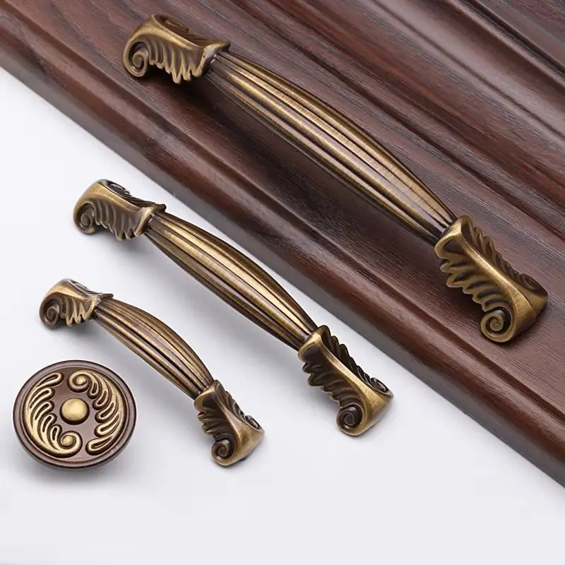 Retro 4PCS Solid Brass Antique Furniture Pulls Handles Drawer Knobs Cupboard Wardrobe Dresser Closet TV Shoe Cabinet Pulls Knobs