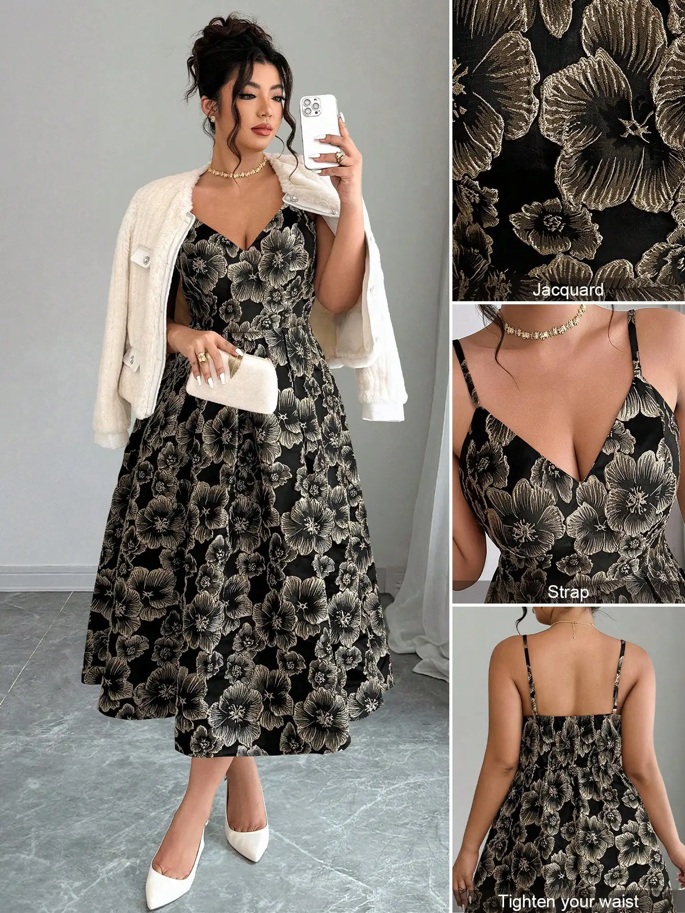 

Элегантное платье с жаккардовым узором и тонкими бретелями для женщин больших размеров, для гостей на свадьбу, осень-зима