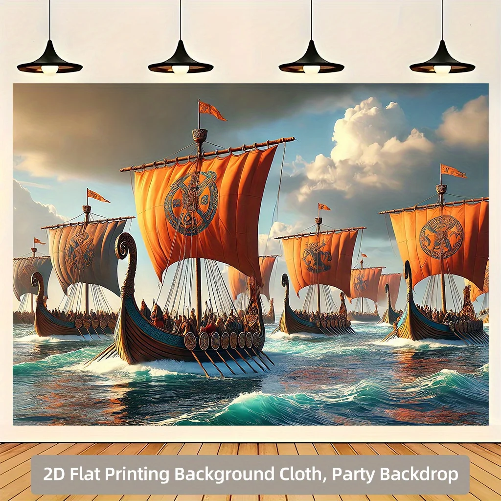 Viking Ship Tapestry - Norse Fleet Sailing on Ocean, Historical Naval Battle Scene, Orange Sails, Polyester, Multiple Sizes