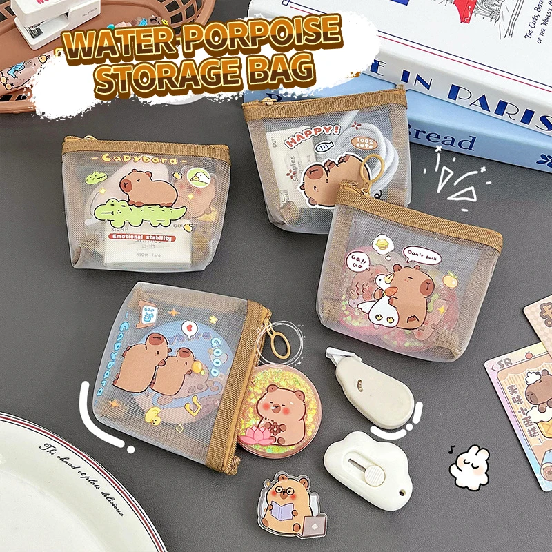 Cute Capybara Coin Storage Bag Transparent Mesh Coin Purses Cartoon Lovely Wallet Portable Waterproof Clear Zipper Bags Gifts