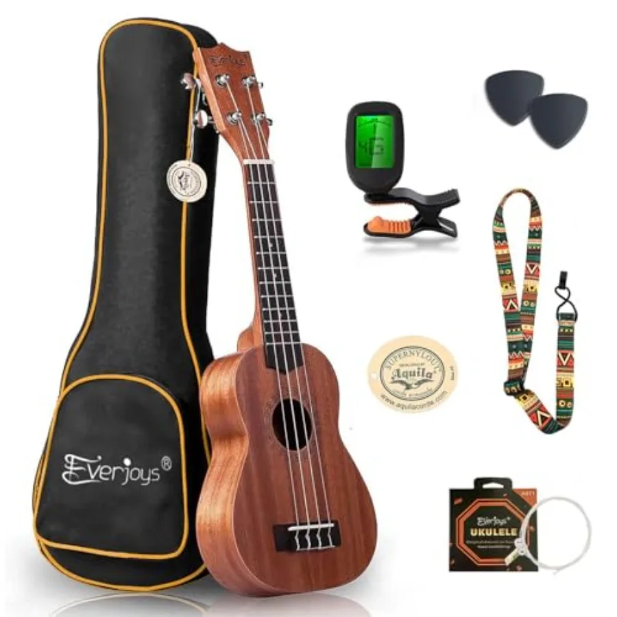 Soprano Ukulele 21 inch Mahogany for beginners: lightweight, warm brown finish, includes case, strap, tuner, picks free online