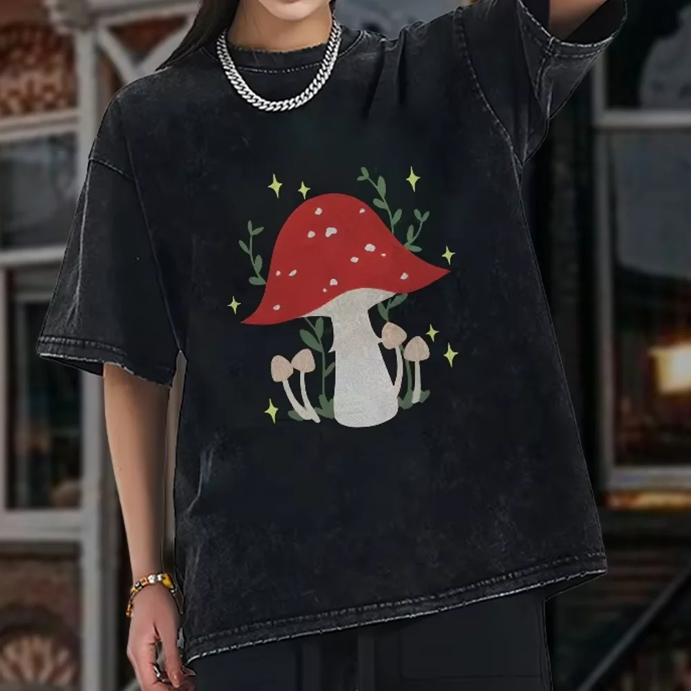 

T-Shirt Mushroom Stars Print Whimsical Nature Graphic T-Shirt Washed Cotton Casual Wear Trendy Design Magical Y2k Vibe Top
