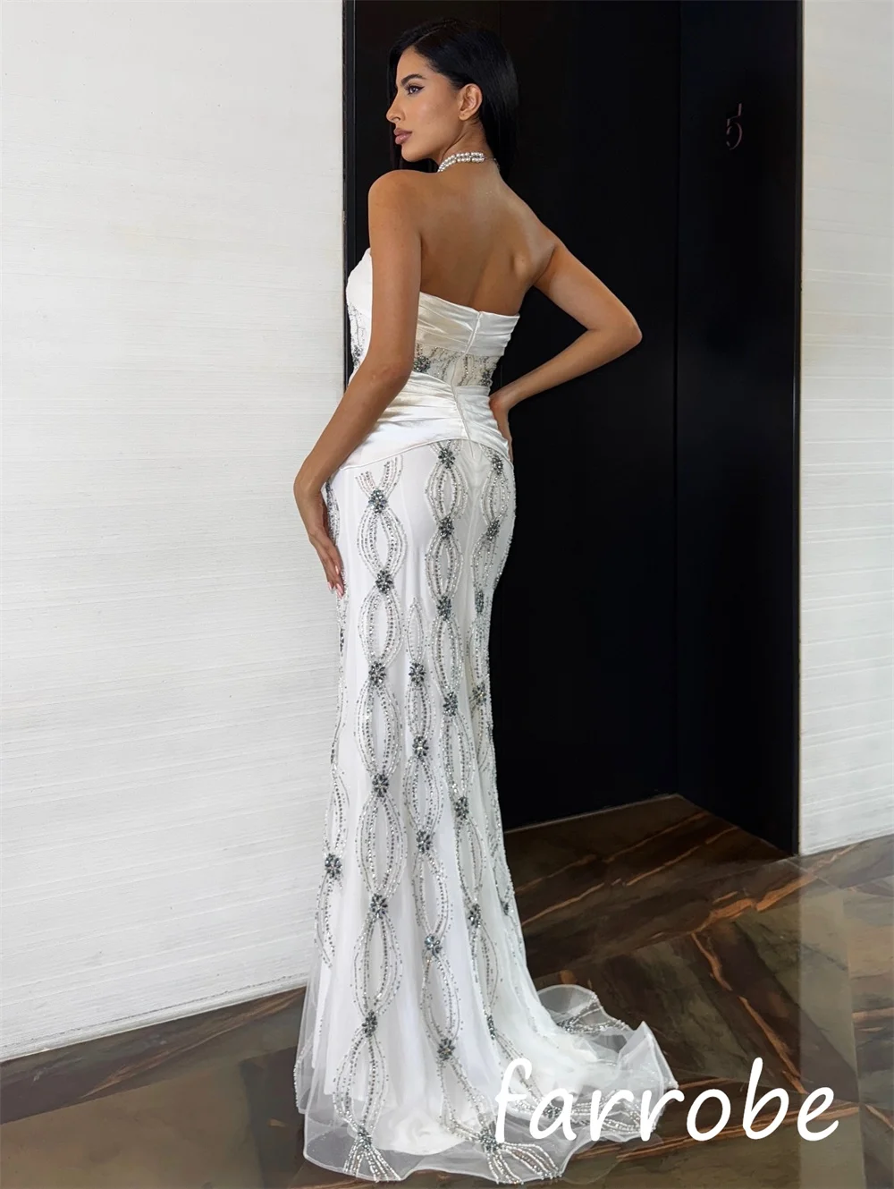 Customized Classic Exquisite Charmeuse Sequined Pleat Trumpet Strapless Long Dresses Bespoke Occasion Sexy