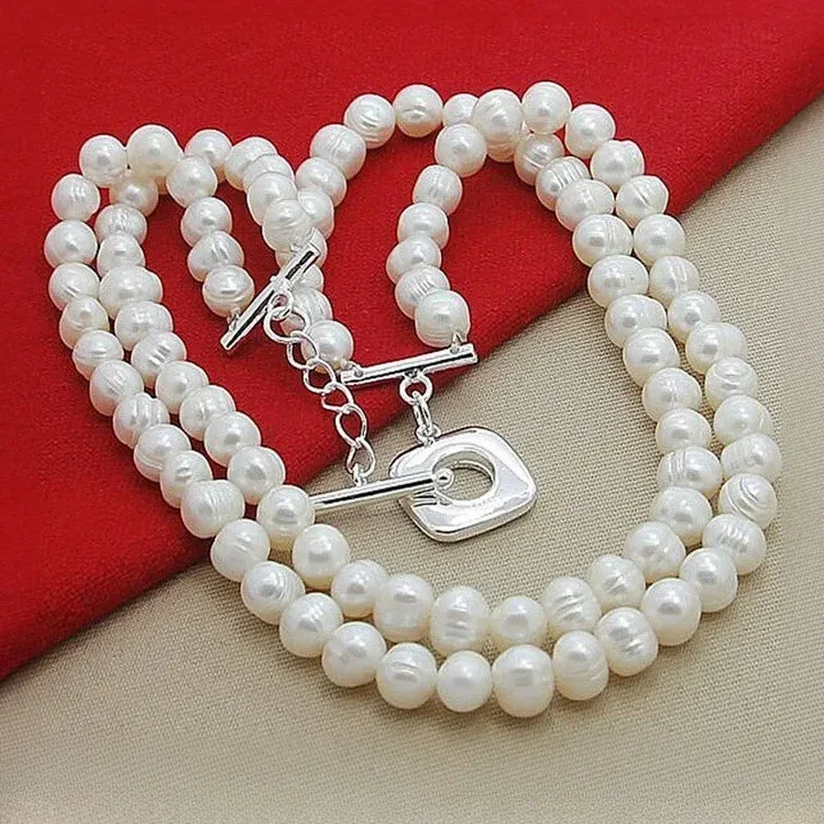 

Timeless Beauty Double White Natural Pearls Bead Chain Necklace Fashion Jewelry