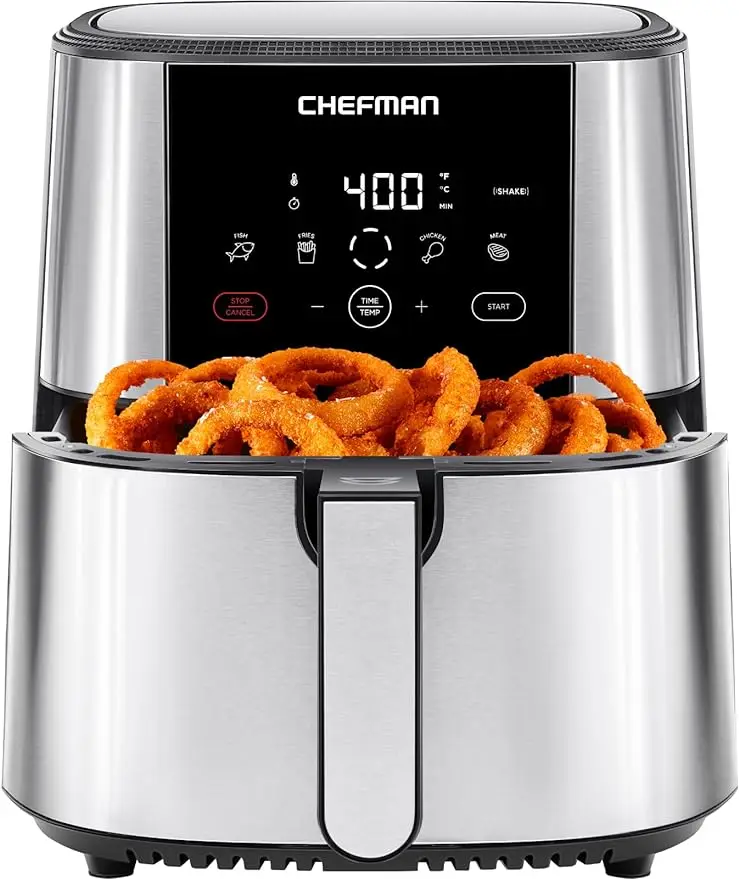 Touch air fryer, home size, digital control presets, French fries, non-stick dishwasher safe parts, automatic closing