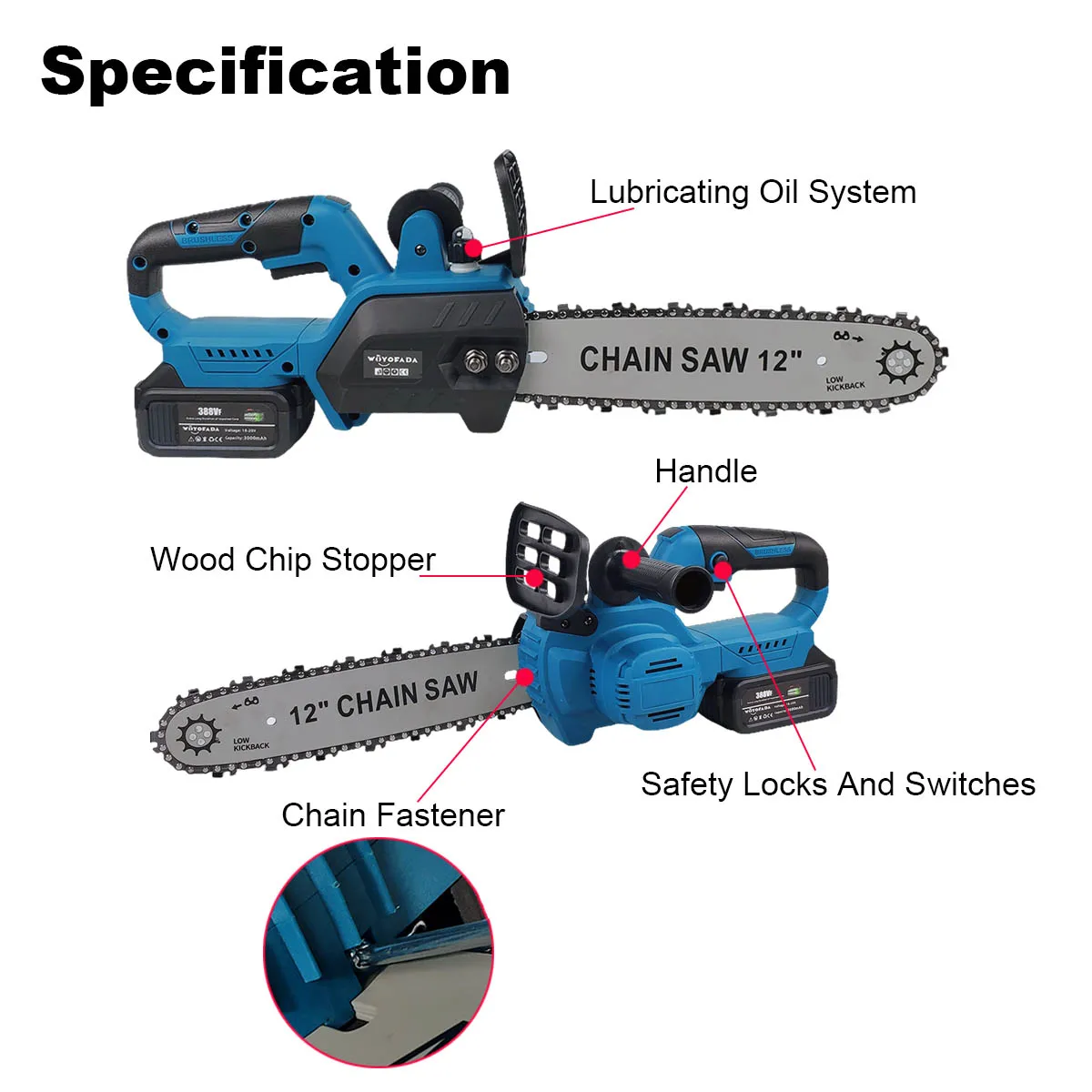 12 Inch Brushless Electric Chainsaw Cordless Lubricating Oil Chain saw For Makita battery Wood Cutter Woodwork Garden Tools