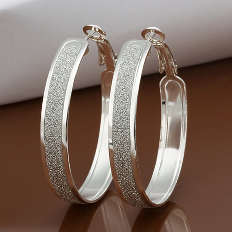 100% 925 Sterling Silver Hoop Earring For Women 40MM Scrub Big Round Circle Earrings Jewelry Gift