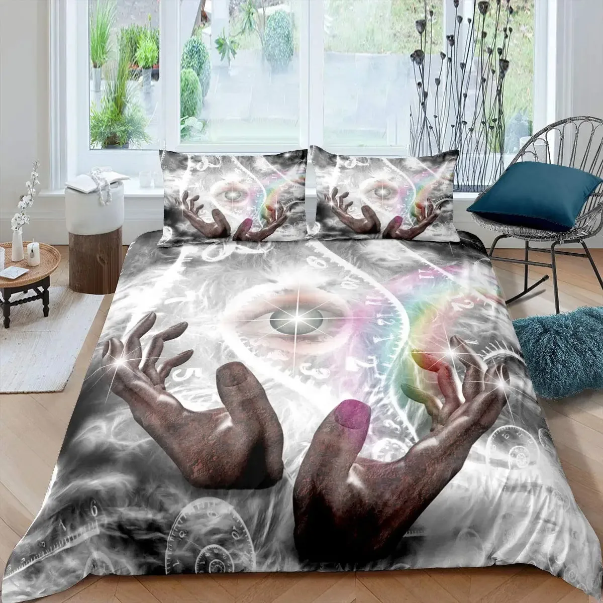 Colorful Mushrooms Abstract Eyes Duvet Cover Set Queen Size Mandala Trippy Plants Bedding Set Ornate Doodles Comforter Cover Set