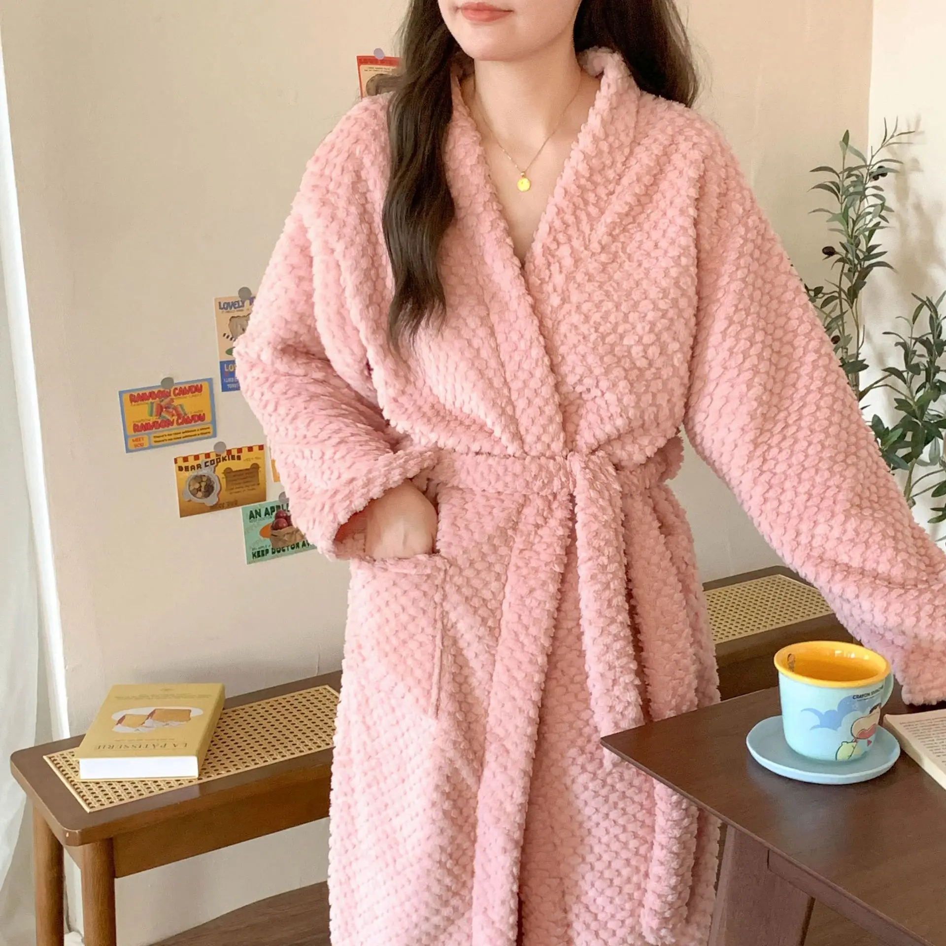 New Fall and Winter Sexy Female Facecloth Robe Homewear Pajamas Padded Thickened Coral Fleece Robe Pajama Pants Homewear Set