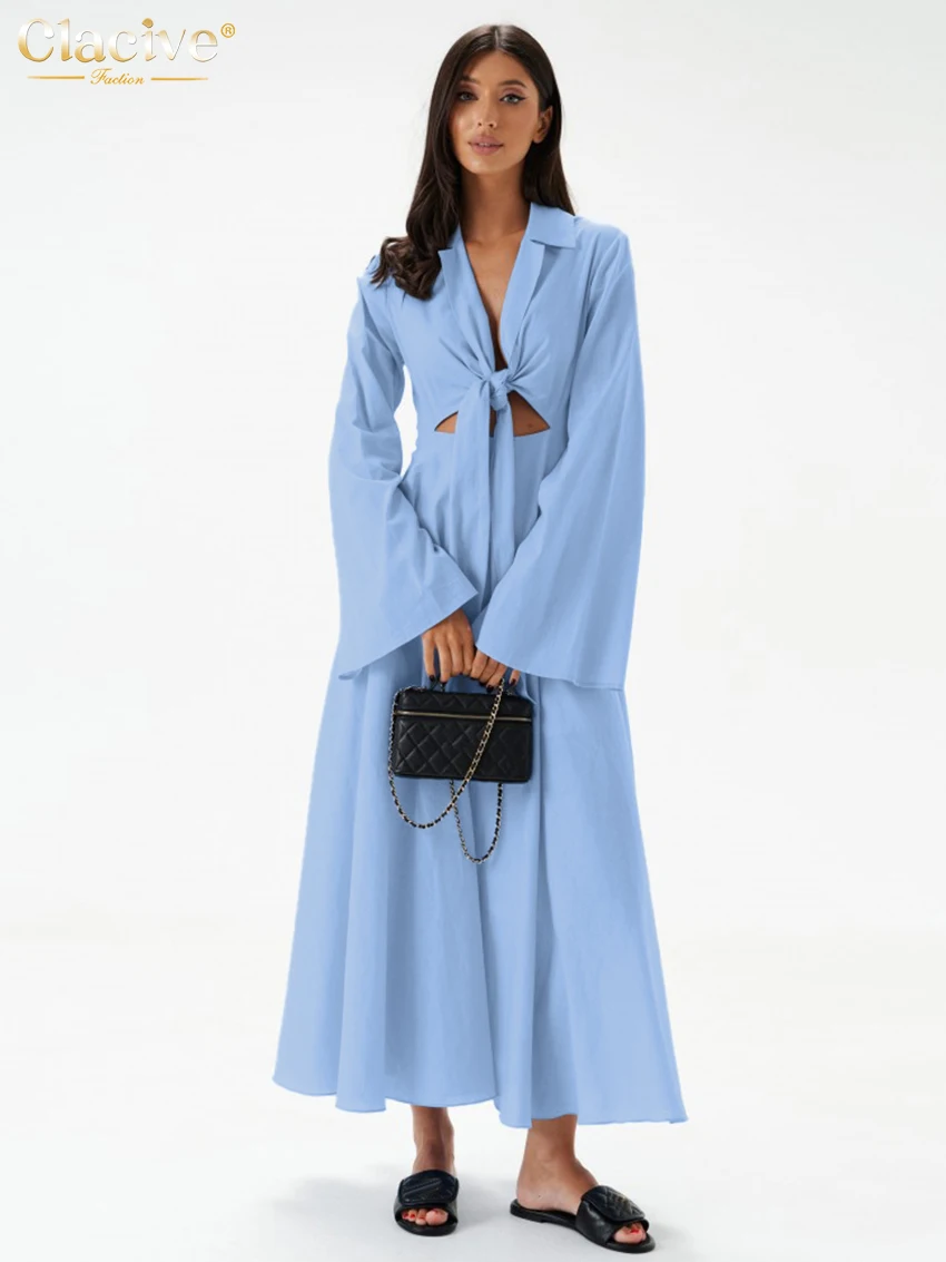 

Clacive Fashion Loose Blue Linen Women's Dress Sexy Lapel Long Sleeve Ankle Length Dresses Elegant Lace-Up Pleated Female Dress