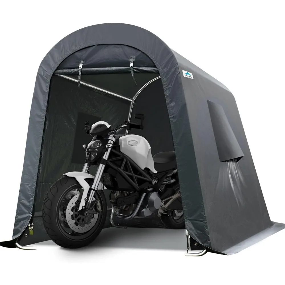 

6x8 ft Shelter Storage Shed Steel Metal Round Peak Roof Portable Garage Carport for Motorcycle, Boat, or Garden Tools with 2 Ro