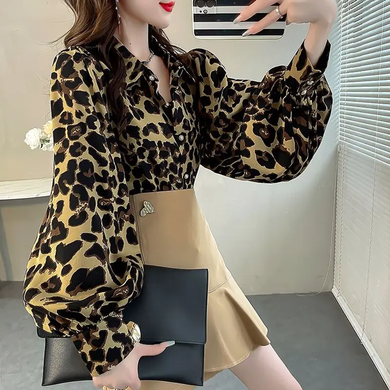 Printed Leopard Print Fashion Top for Autumn Women\'s Clothing New Slimming Lantern Sleeve Shirt Chiffon Temperament Shirt Women