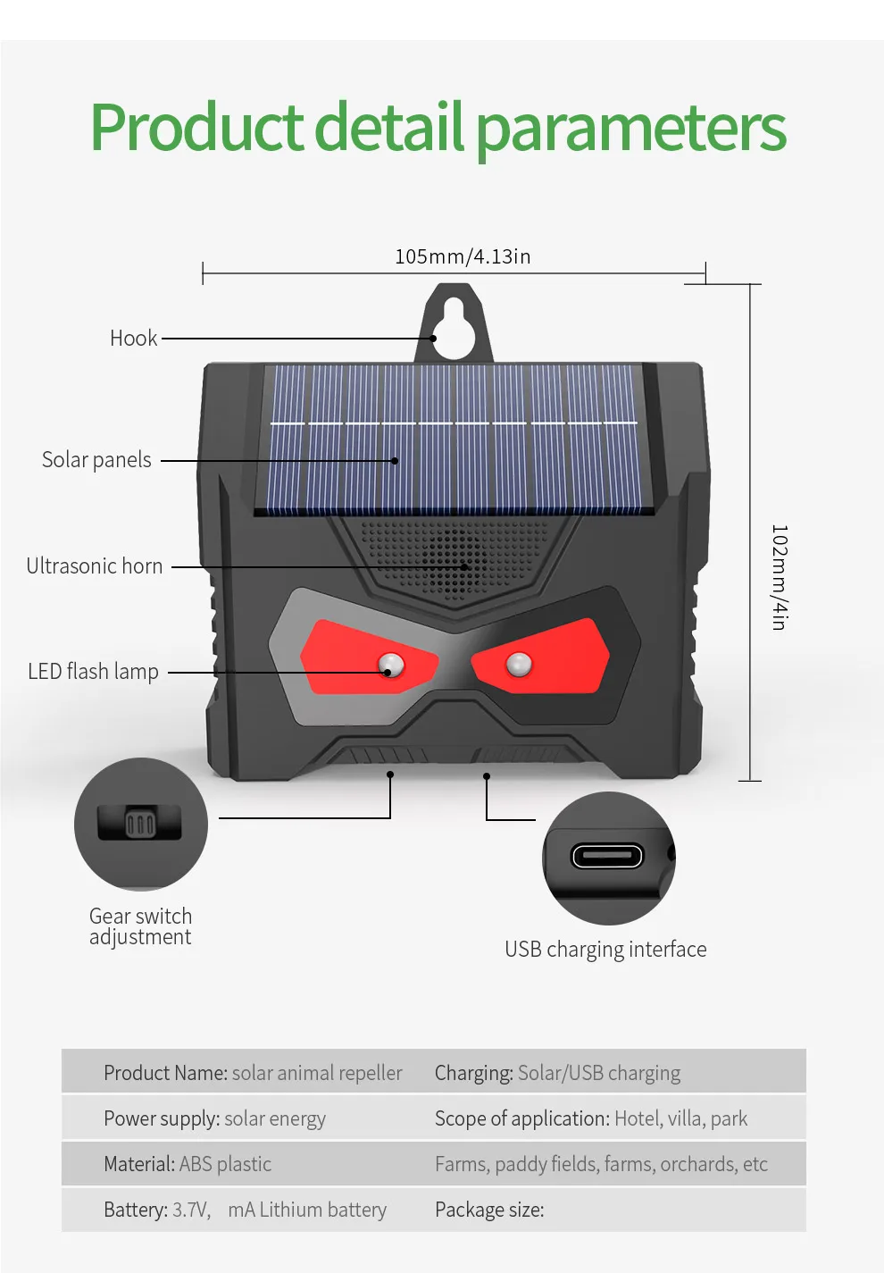 Elektronischer Ultraschall-Vogelschutz IP66 wasserdichte Solar ladung LED-Blitz lampe Schädlings bekämpfung für die Kontrolle des Innenhofs – Detail 9