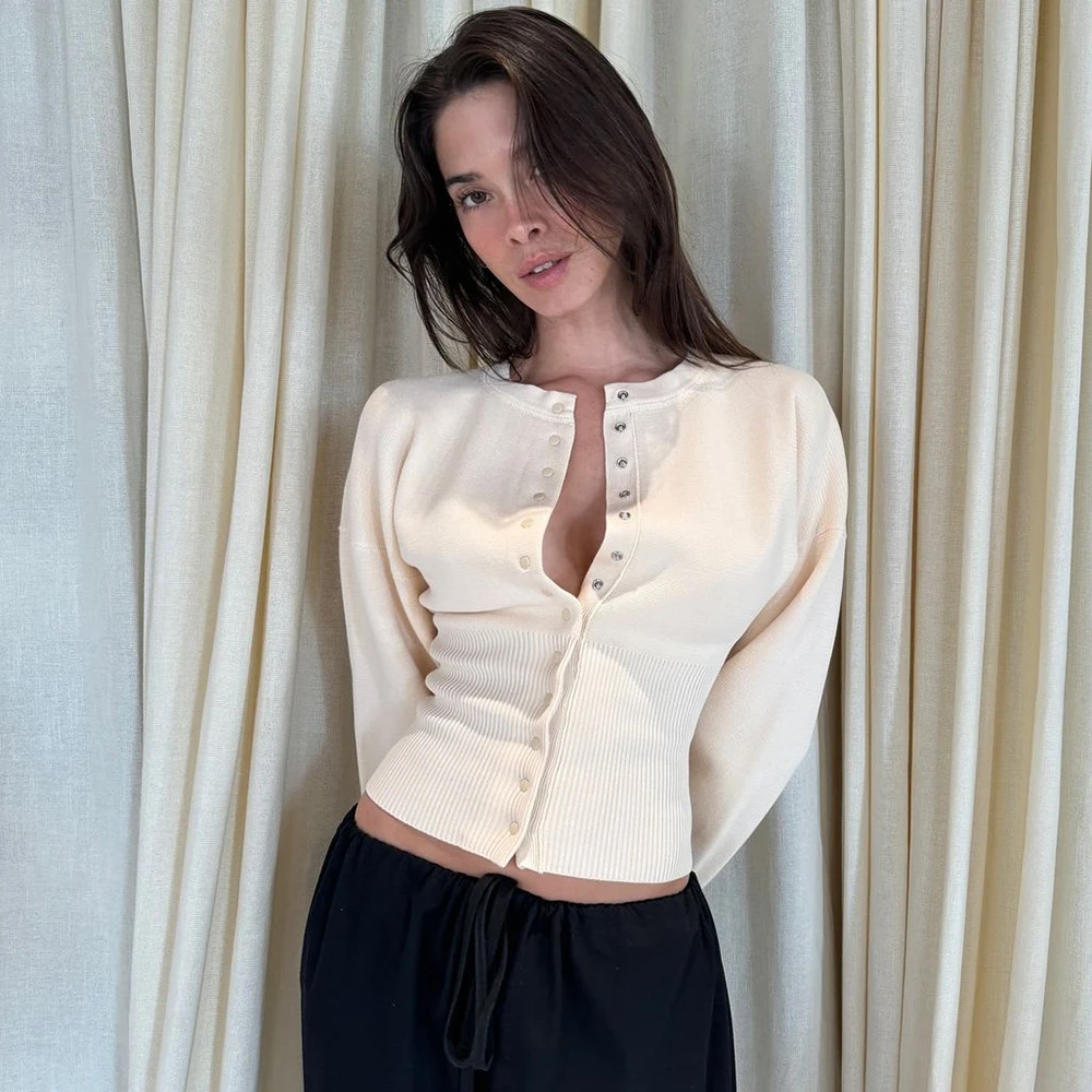 

Talenza Women's High Waist Round Neck Single Breasted Cardigan Solid Long Sleeve Short Sweater Top Autumn Slim Bottoming Shirt