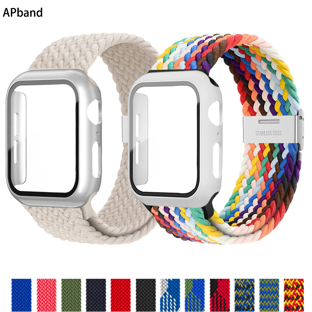 Braided Solo Loop case+strap For Apple watch band 45mm 44mm 40mm 41mm 42mm 38mm Elastic belt bracelet iWatch Series 3 4 5 se 6 7