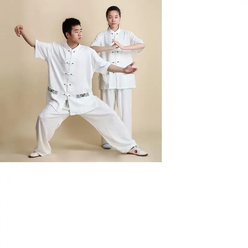 Wholesale New Men Women Chinese Style Kung Fu Suit Cotton Linen Short Sleeve Jacket Pants Set Tai Chi Martial Arts Clothing