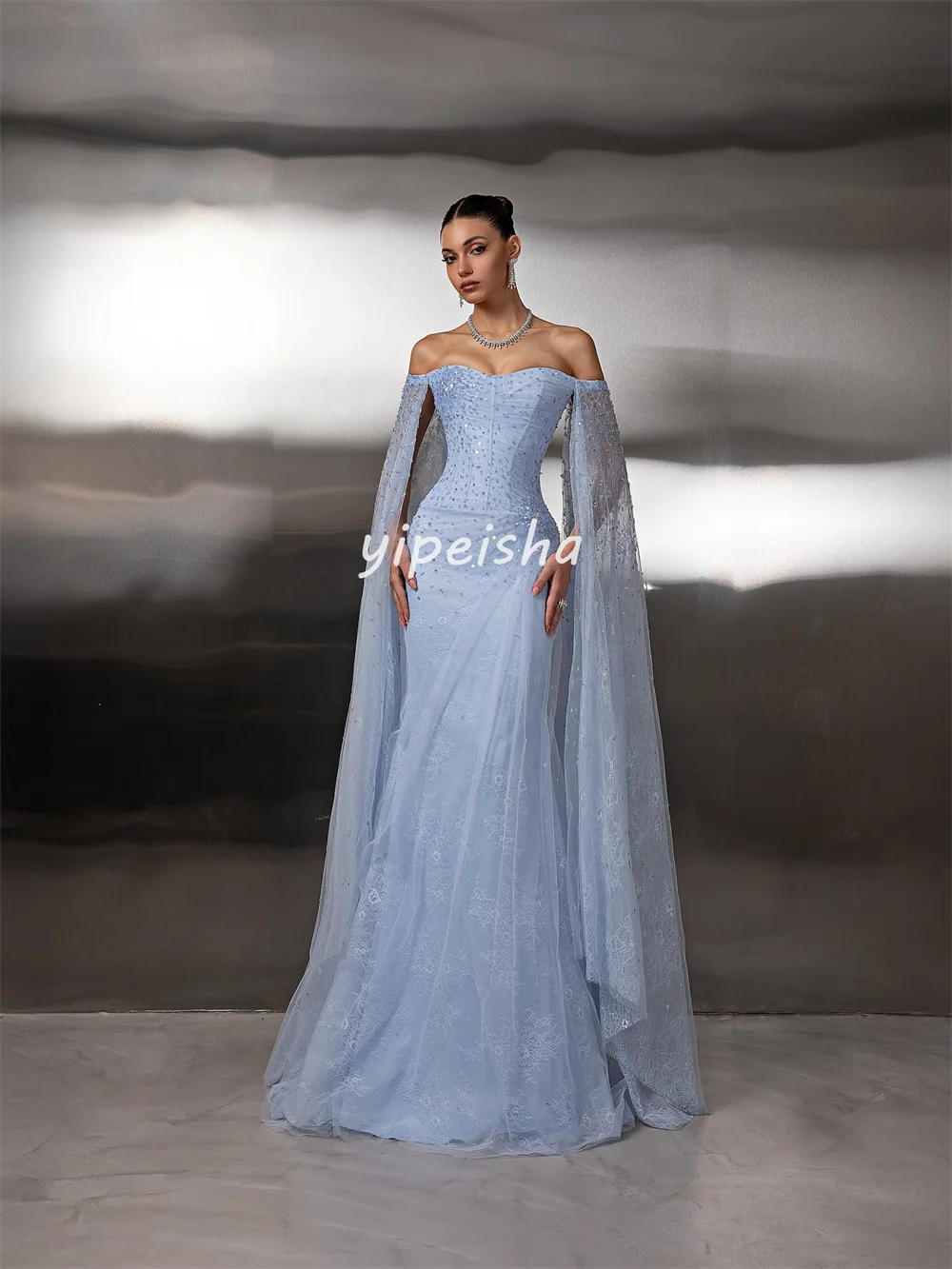 Aangepaste mode glitter kant plooi strass lovertjes kralen zeemeermin off-the-shoulder lange jurken op maat gemaakte gelegenheidsjurken