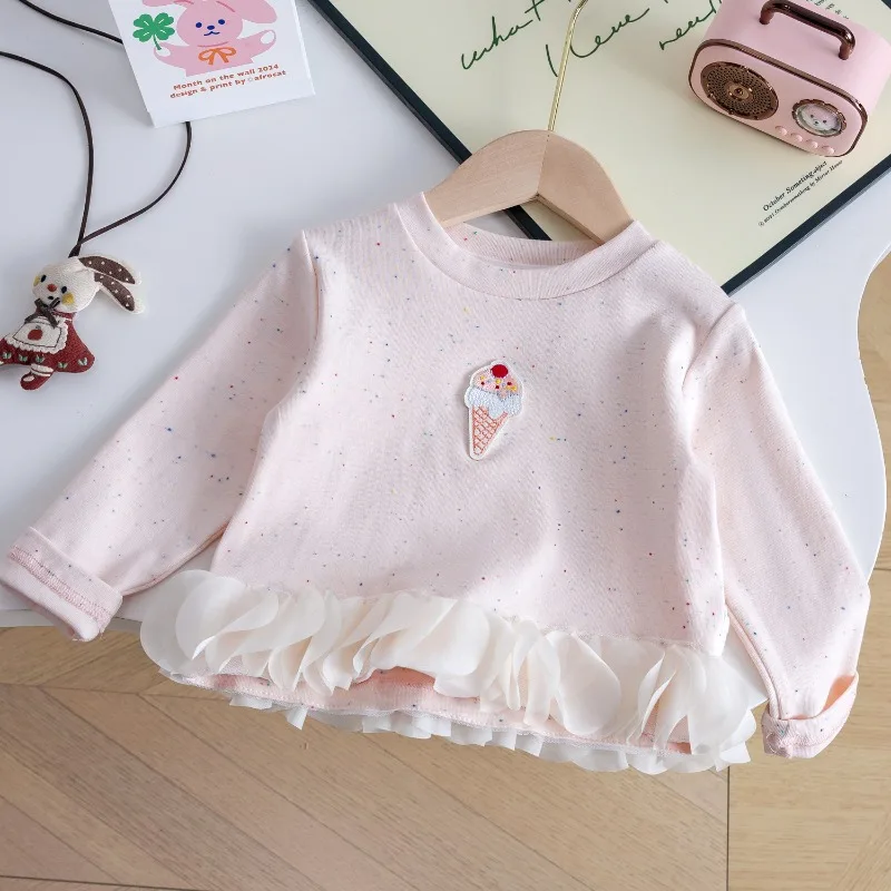 

Girls T-irt Long Top Sweet Flower Patchwork Hem Warm Clothes Cotton Blend Comfortable Breathable round Ne Pullover for Toddlers