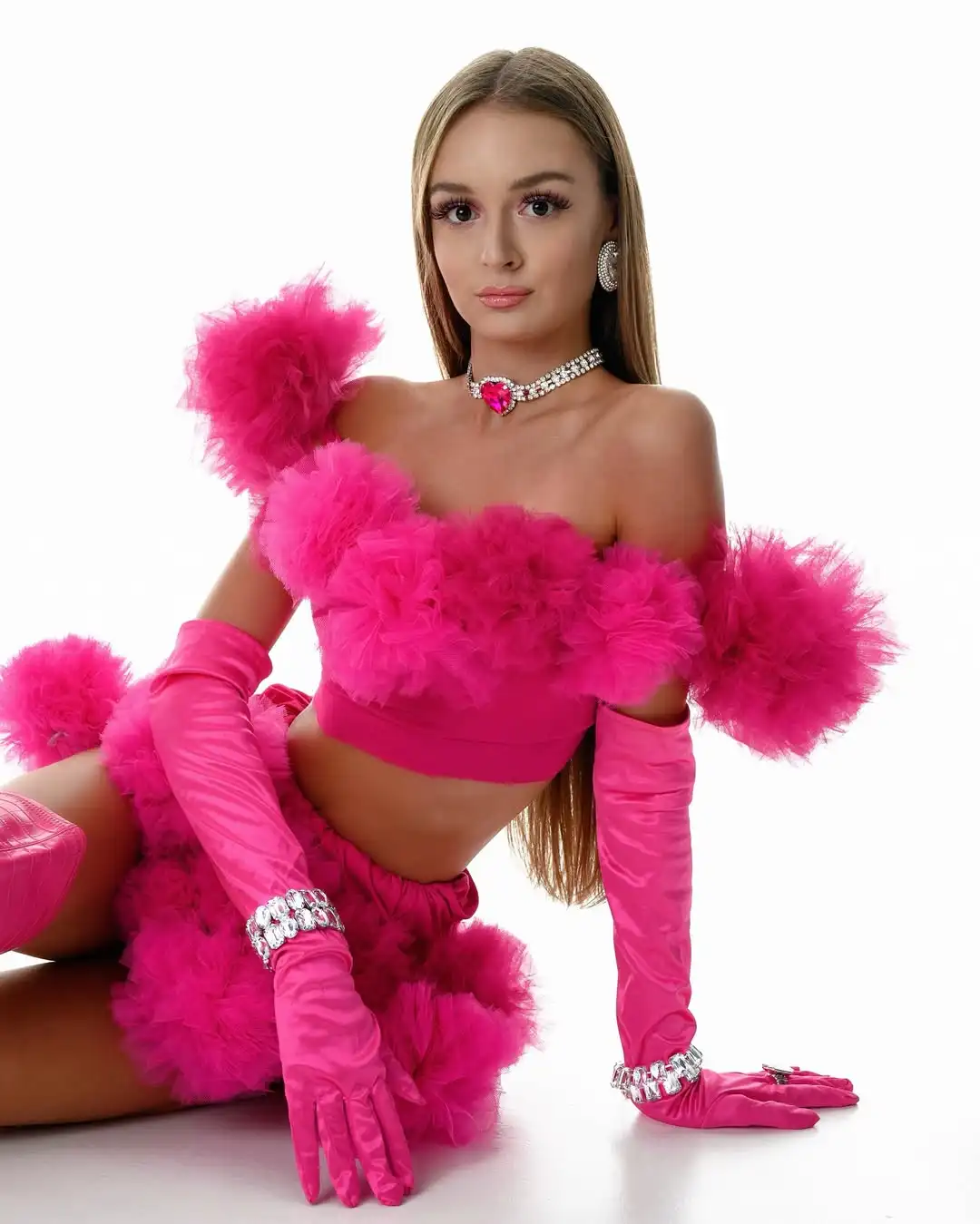 Glitter Two Pieces Short Hot Pink Tulle Cocktail Party Dresses 2 Pieces Cute Short Dress