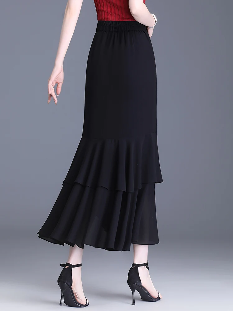 ZUZK Fashion Irregular Fishtail Chiffon Skirts Elegant High Waist Summer Luxury Party Skirt Female Ruffles Long Skirts