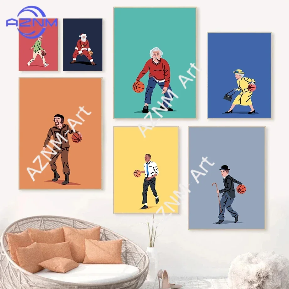 Modern Minimalist Cartoon Characters Playing Basketball Abstract Poster Canvas Paintings Wall Art Pictures Home Decor