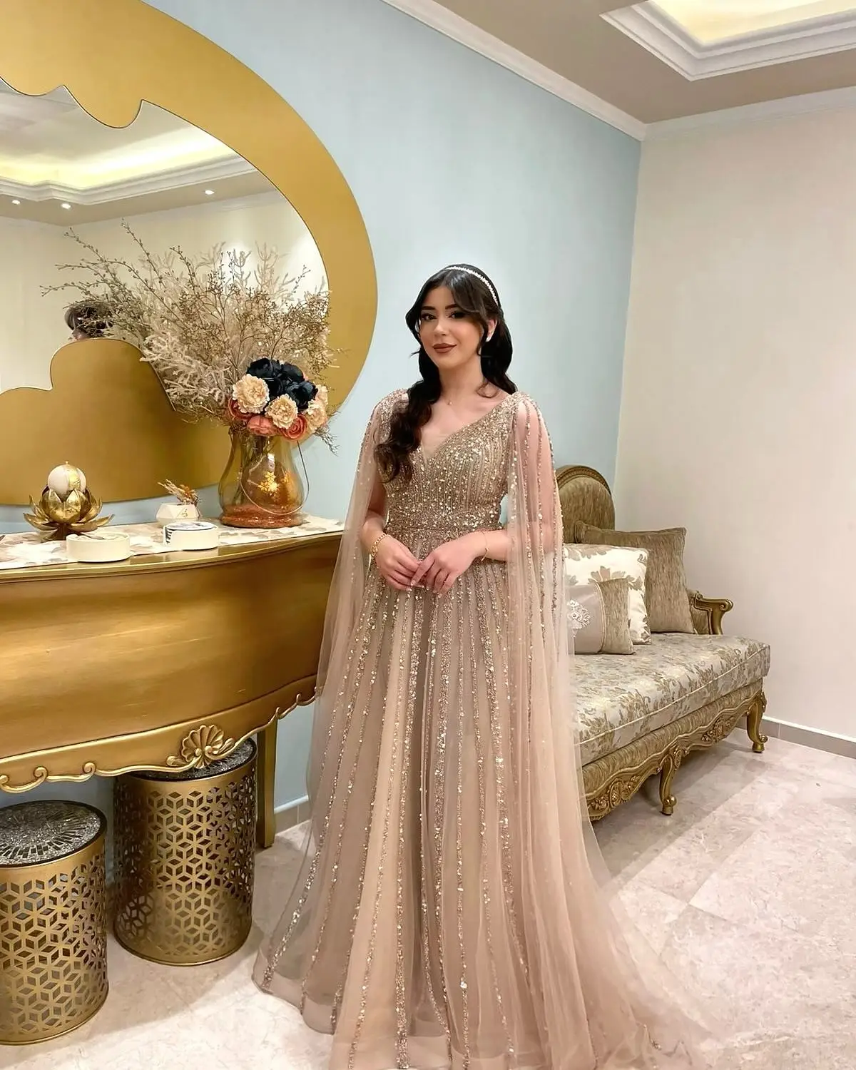 

MYMB Silver A-Line Beaded Sexy Evening Dresses Gowns Arabic Luxury Cape Sleeves For V Shape Back Women Party Customize DDA005