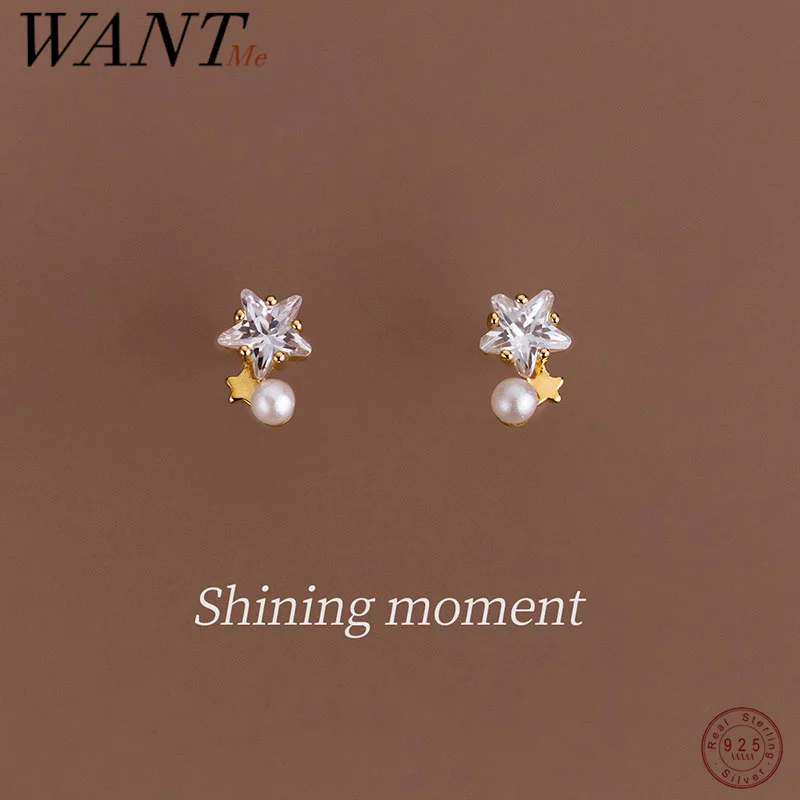 WANTME Pendientes Pequeños de Plata de Ley 925 con Perla Sintética Brillante y Circonita, Estilo Moderno para Mujer, Joyería Diaria Elegante para Adolescentes