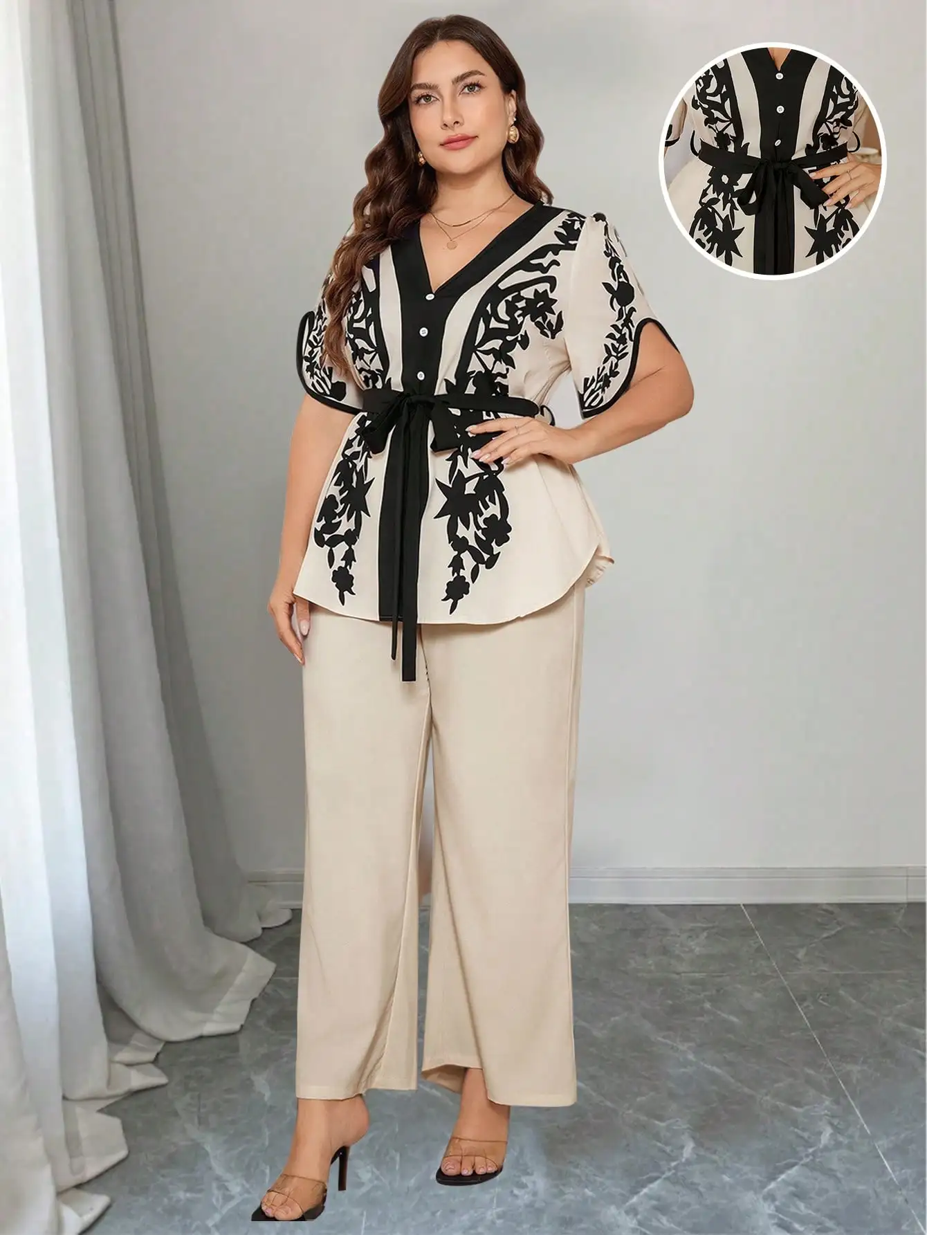 

Комплект из 2 предметов больших размеров: топ с V-образным вырезом и брюки с широкими штанинами, с цветочным принтом и бантом на талии, летний повседневный наряд