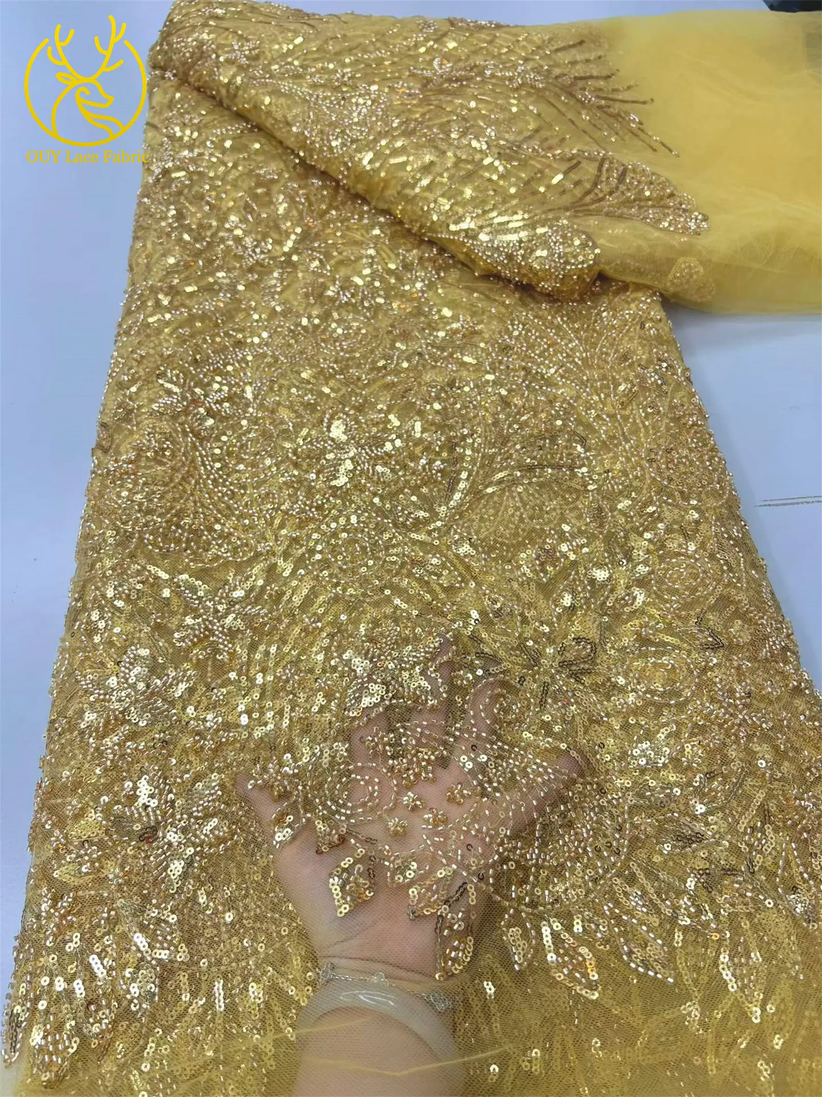 Grüner eleganter afrikanischer Perlen-Pailletten-Spitzenstoff, 5 Yards, hochwertige nigerianische Mesh-Tüllspitze für Damen, Abschlussball, Partykleid, Nähen – Detail 10