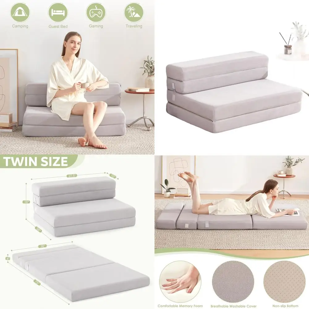 

Twin Size Folding Sofa Bed with Headrest, 4 Foam, Breathable & Washable Cover for Adults, Campers, and Guests