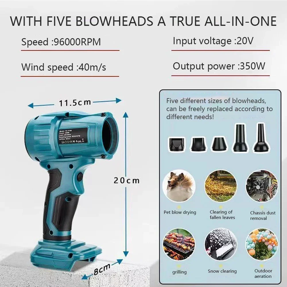منفاخ توربو قوي لاسلكي 350 وات مع بطارية ليثيوم أيون ماكيتا 18 فولت/20 فولت و5 فوهات رياح قابلة للتعديل لتدفق هواء 96000 دورة في الدقيقة #5