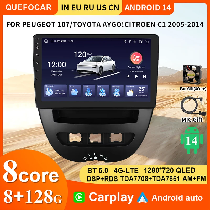 

Carplay 4G 360 Camera Android 13 Peugeot 2005-2014 for Citroen C1 forToyota Aygo Video Player GPS 2in Auto Radio Car Radio