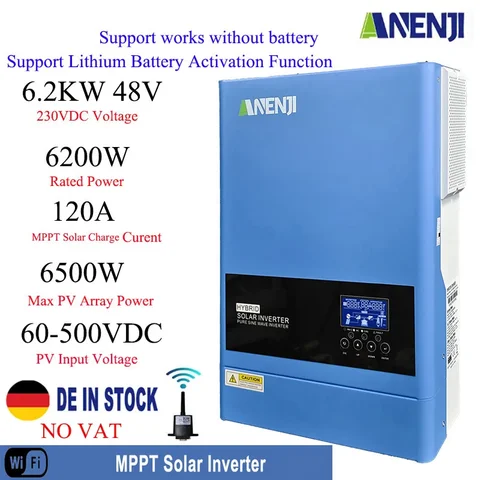 6200W 48V 하이브리드 태양광 인버터 220V On/Off 그리드 광전지 인버터 순수 사인파 PV 500V 120A 태양광 충전 컨트롤러