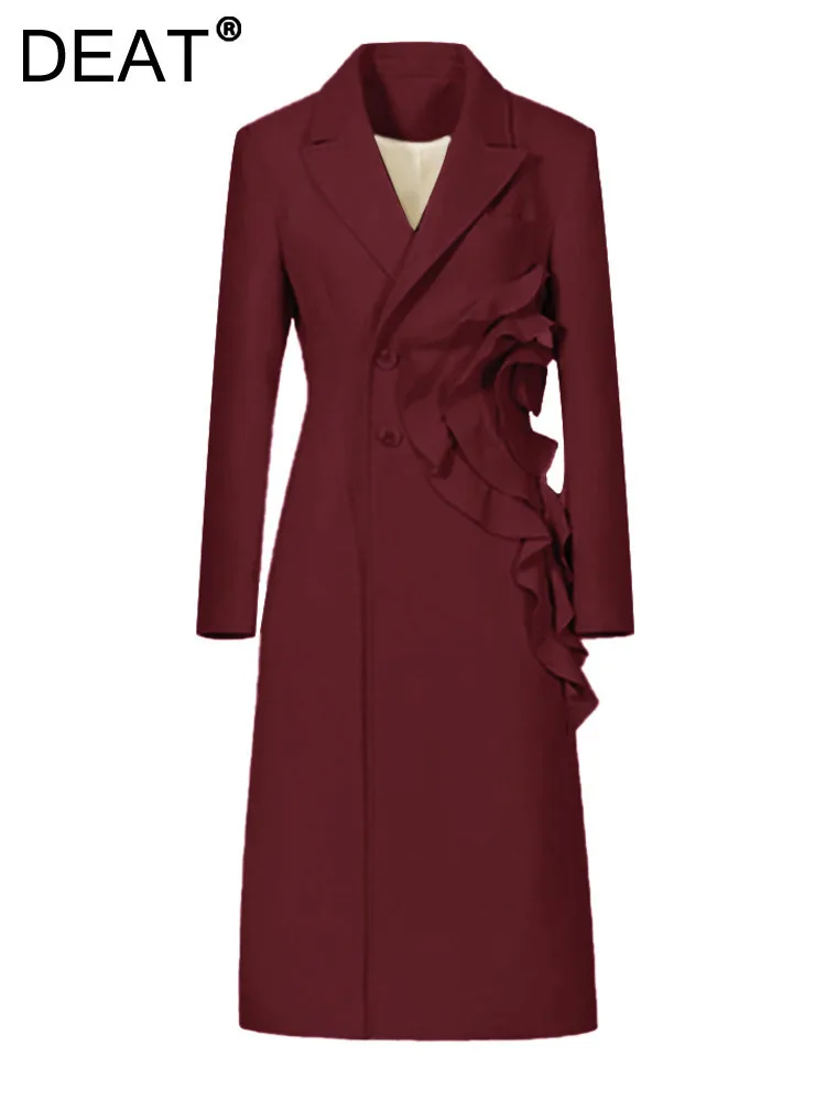 DEAT Fashion Women\'s Appliques Woolen Coat Lapel Single Breasted Long Sleeves Angola Red Blebds Overcoat Winter 2024 New 3WM2155