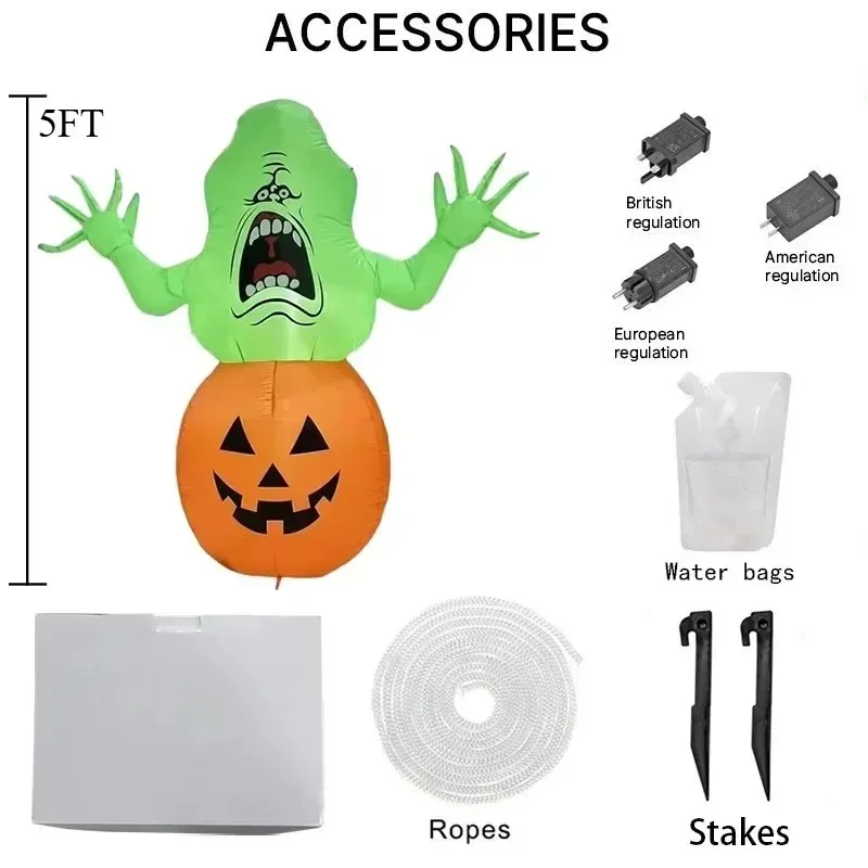 5FT Halloweenoween Inflatable Toys Pumpkin Green Ghost Blow Up Model Luminous Build-in LED Lights  Ornaments Gifts Inflatable
