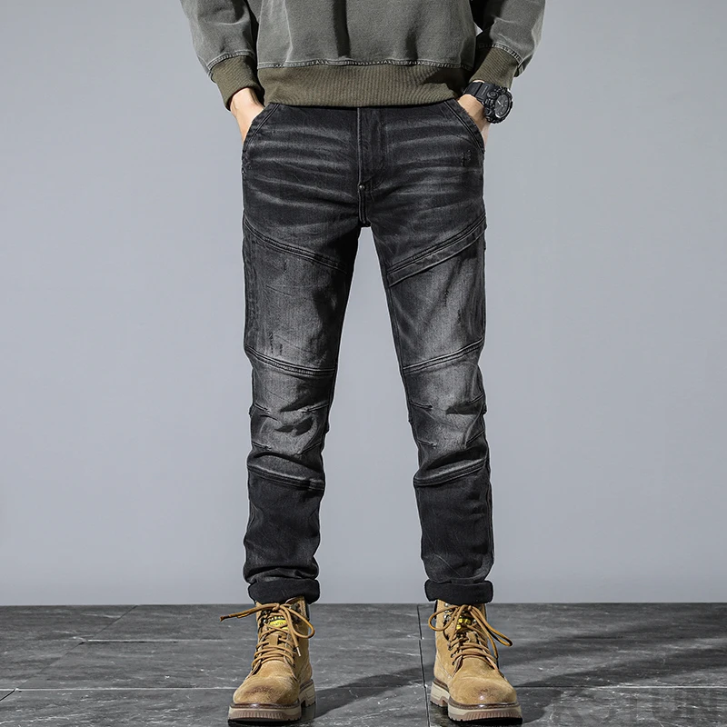 KSTUN-Moto & Biker Jeans para Homens, Calças Slim Fitness, Preto e Cinza, Stretch Patchwork Streetwear, Roupas de Designer Originais, Calças Masculinas